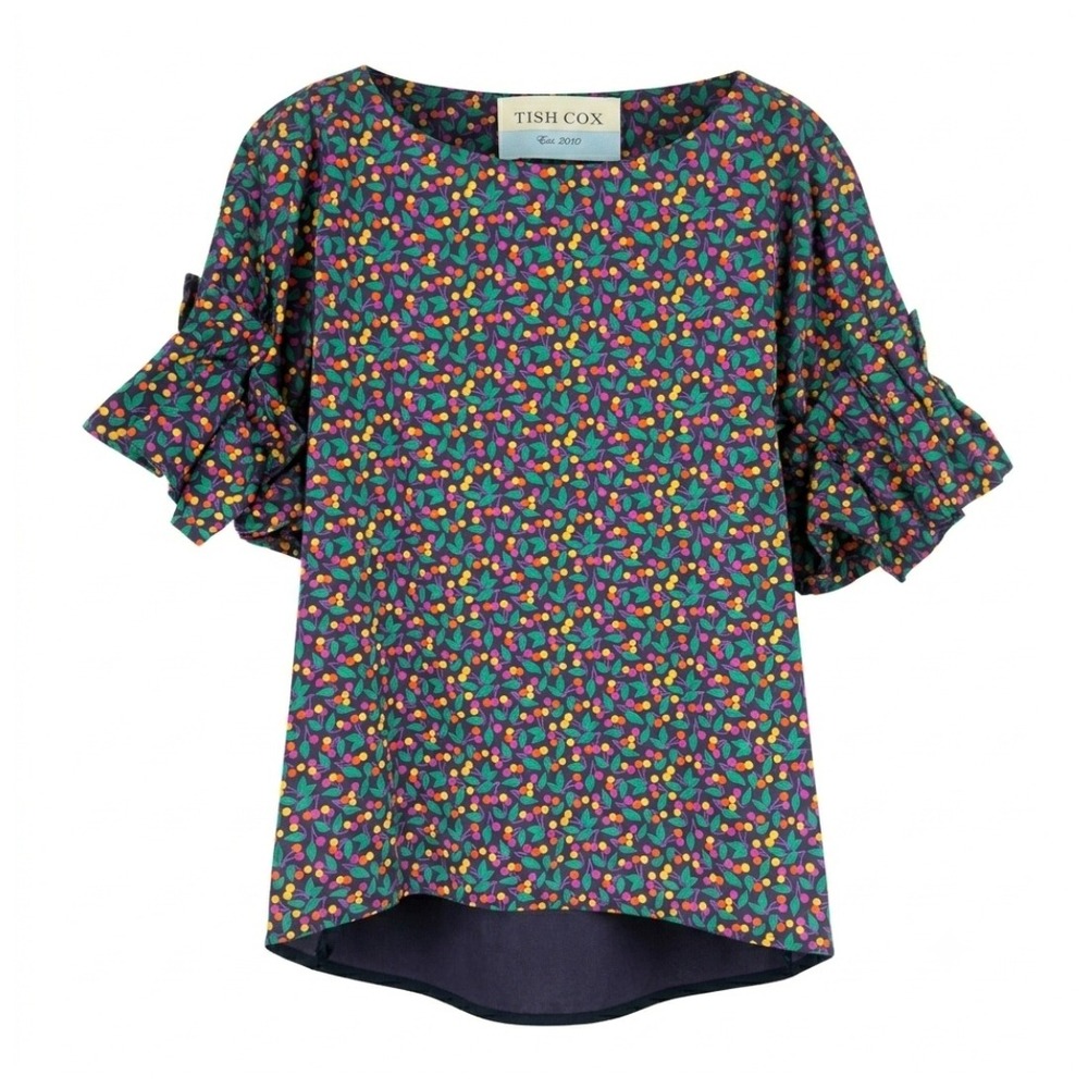 Tish Cox Gina Top Cherry Print Ruffle Sleeve Cotton Purple Green Yellow Size S